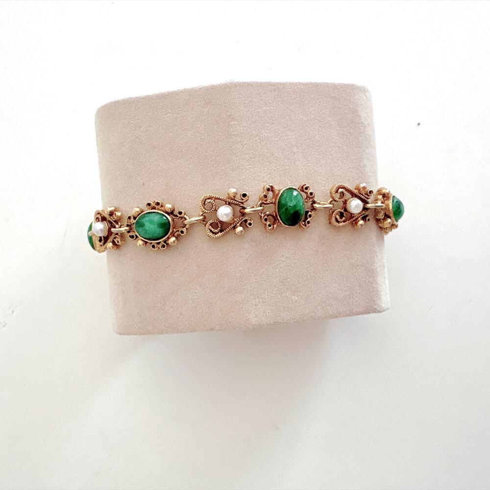 Vintage Florenza Faux Jade and Seed Pearl Filigree Link Bracelet